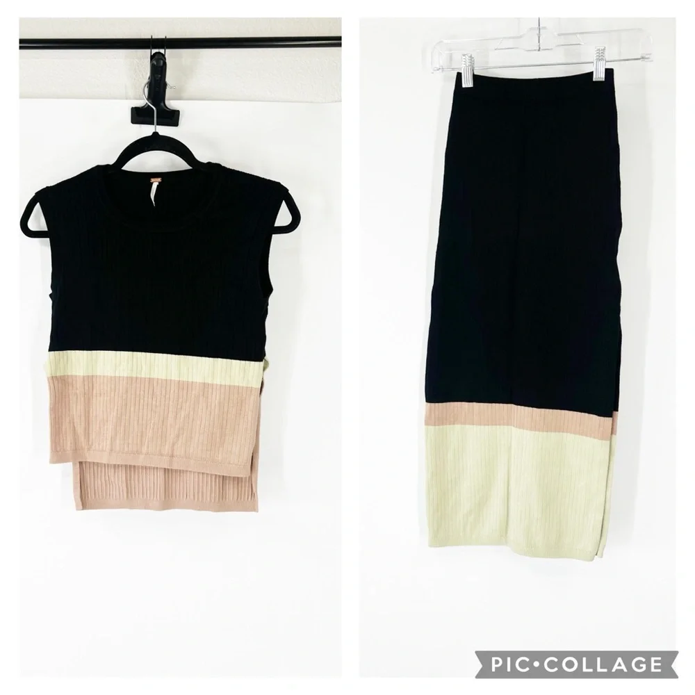 Free People Stop And Stare Set Knit Sleeveless Tank Knit Midi Skirt